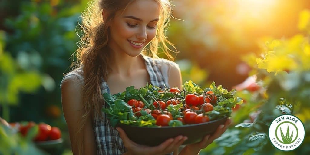 jeune femme qui tient un saladier de tomate et de salade