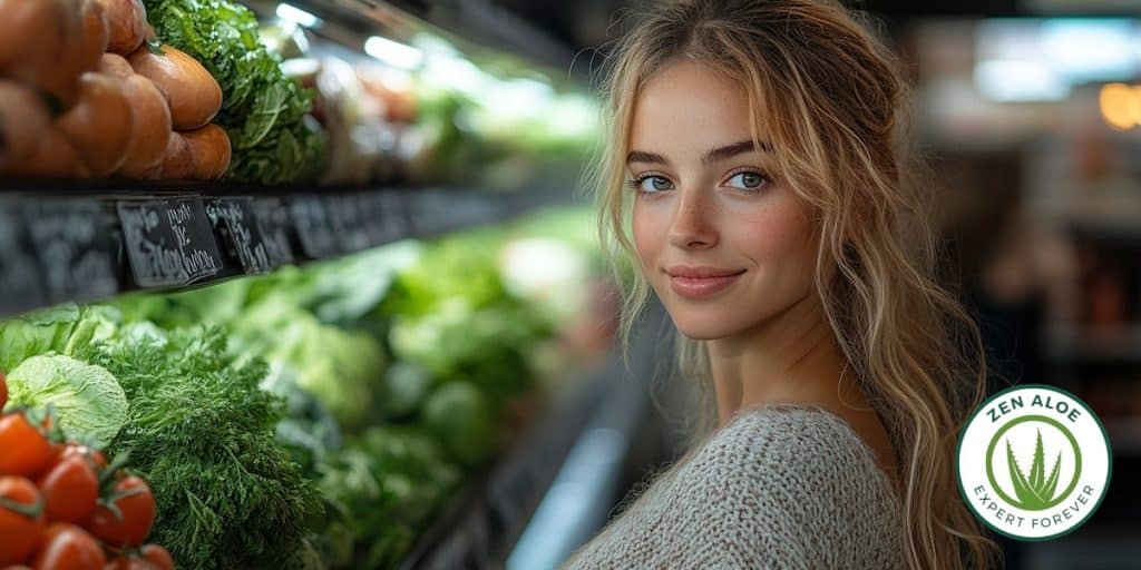 jeune femme souriante au supermarché rayon fruit et legumes