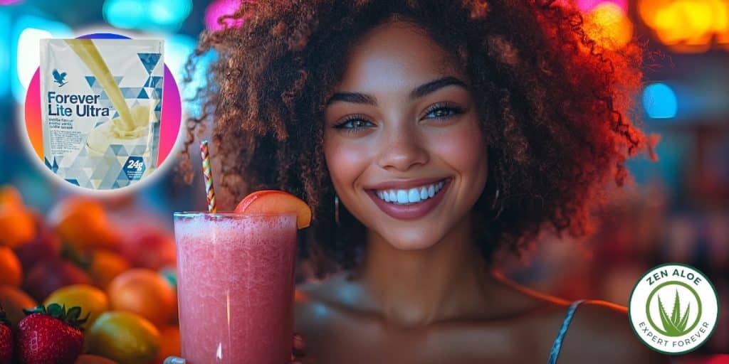 jeune femme souriante avec un smmothie fraise vanille