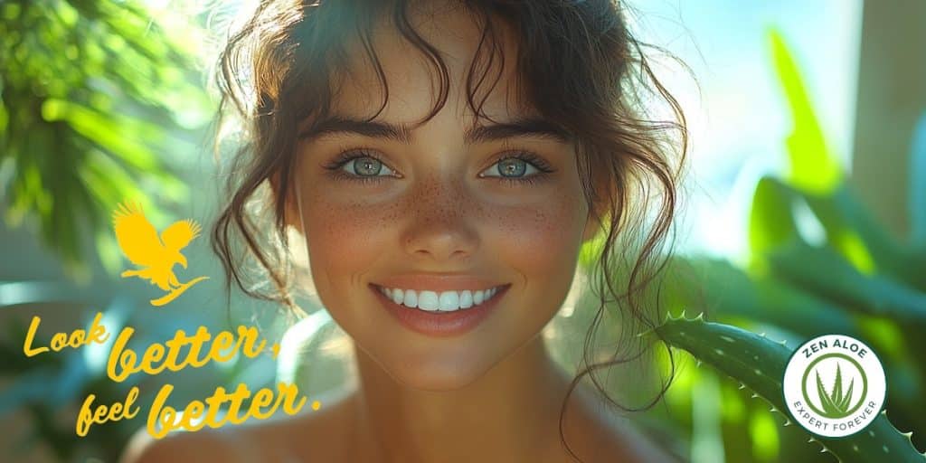 jeune femme souriante avec une feuille d'aloe vera pret du visage