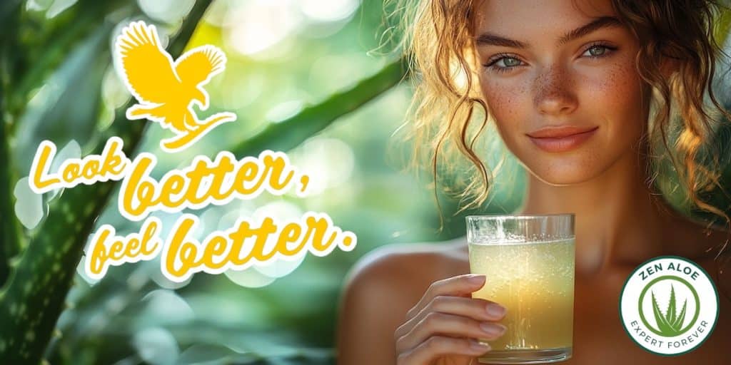 jeune femme souriante qui bois un verre de forever aloe vera gel