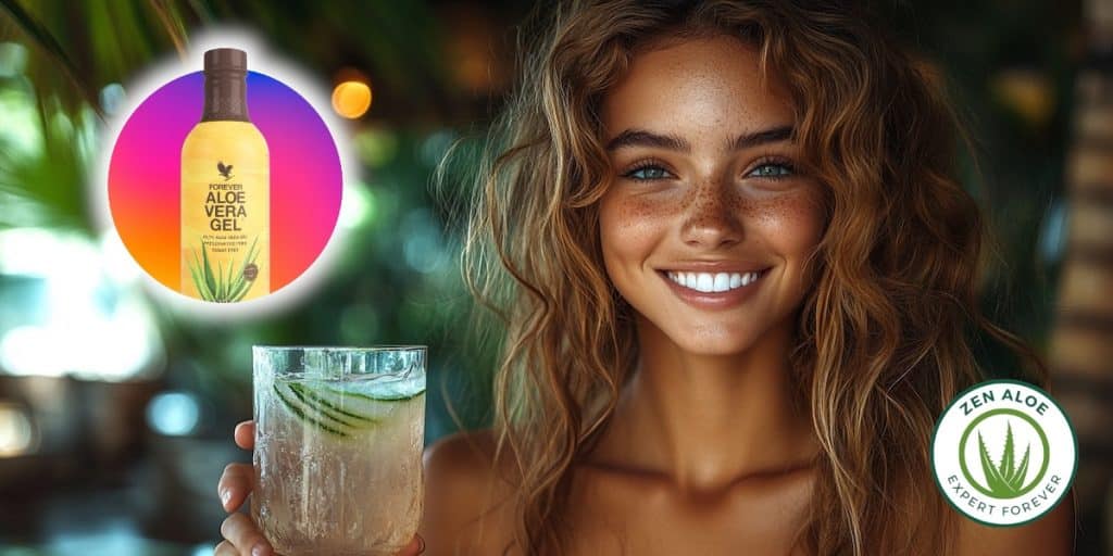 jeune femme souriante qui bois une eau detox aloe vera concombre