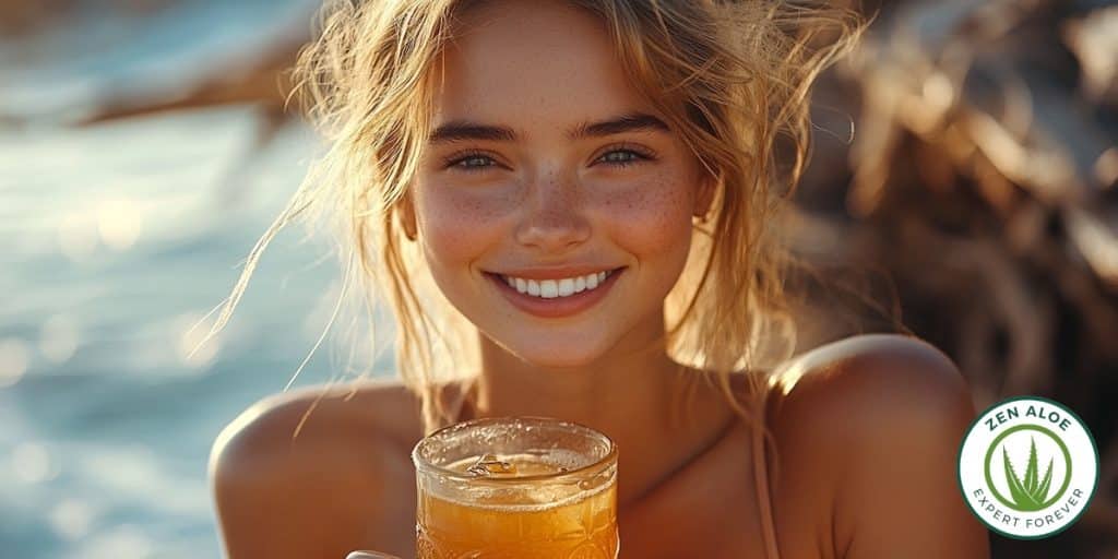 jeune femme souriante qui boit de l'aloe vera a la peche
