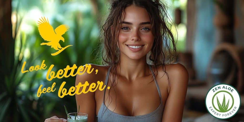 jeune femme souriante qui boit de l'aloe vera gel