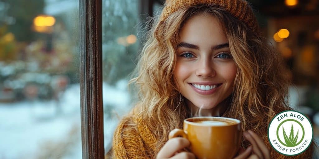 jeune femme souriante qui boit un café chaud