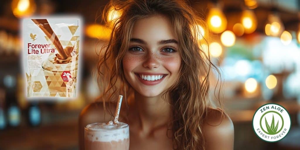 jeune femme souriante qui boit un smoothie forever lite ultra chocolat