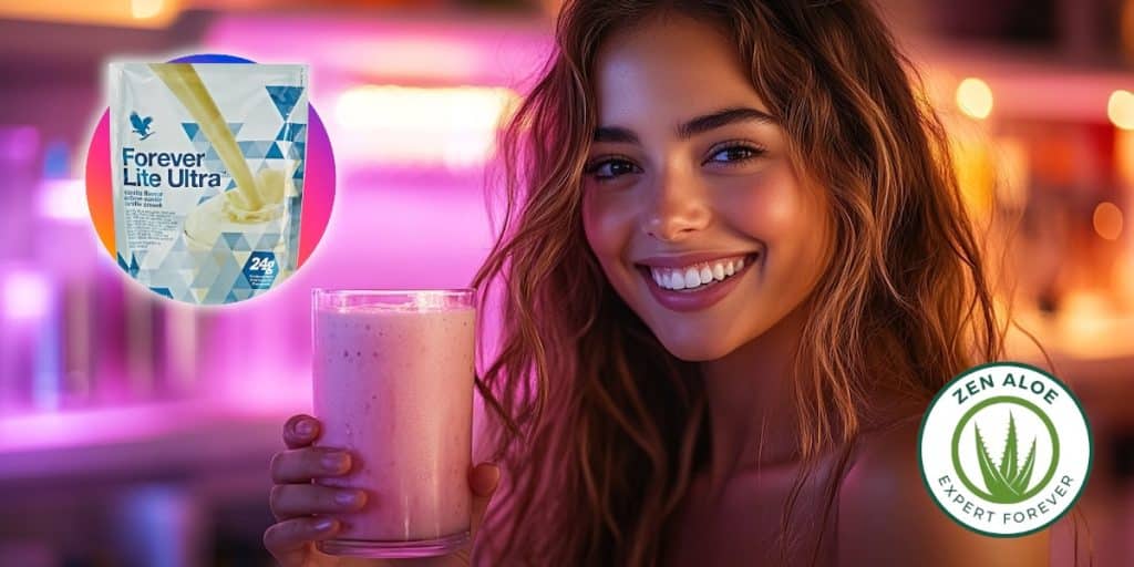 jeune femme souriante qui boit un smoothie forever lite ultra vanille