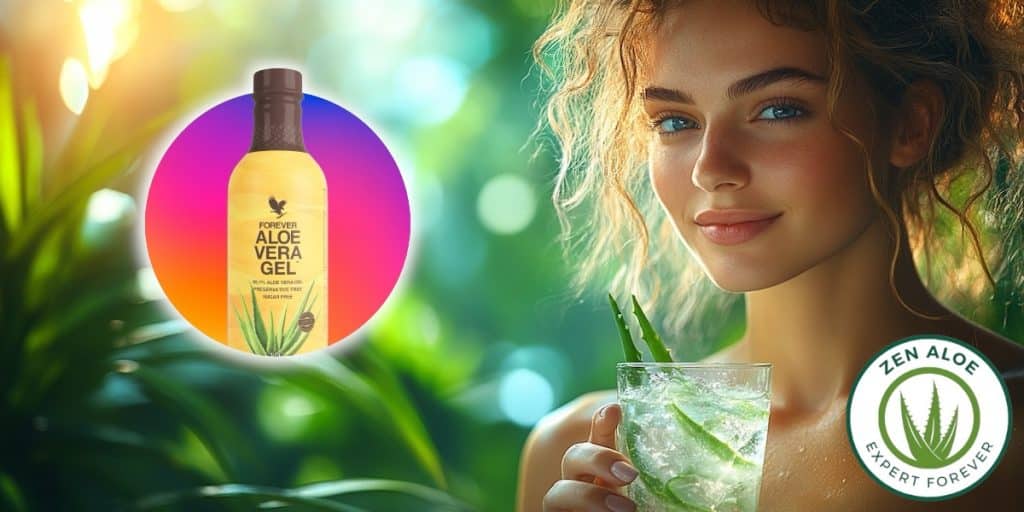 jeune femme souriante qui boit un verre d'aloe vera