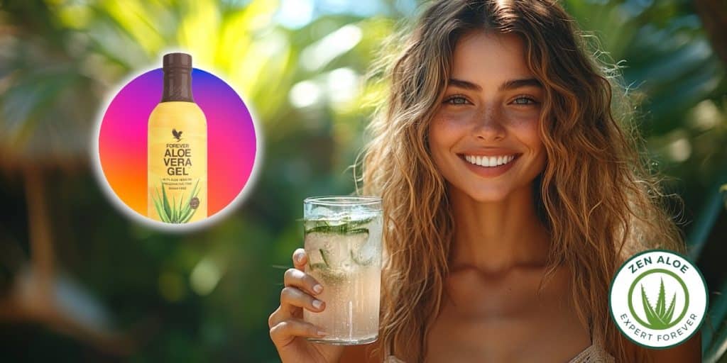 jeune femme souriante qui boit un verre de forever aloe vera gel