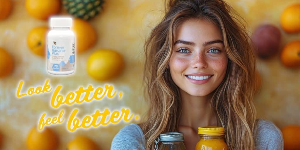 jeune femme souriante qui tient deux bouteille de jus de fruit sur un fond de fruit