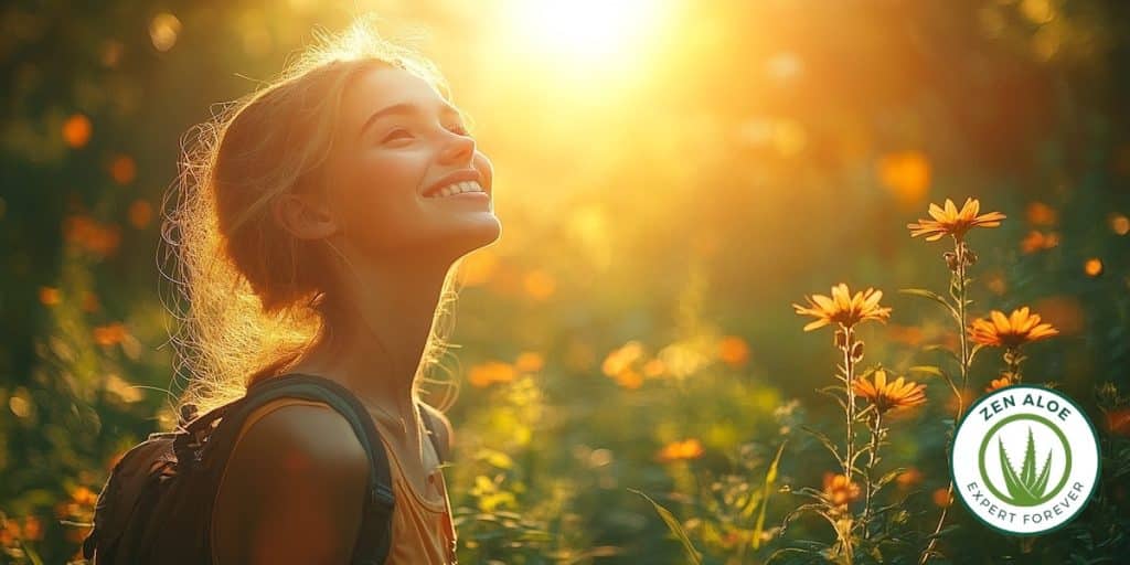 jeune femme souriante rayon de soleil et fleur