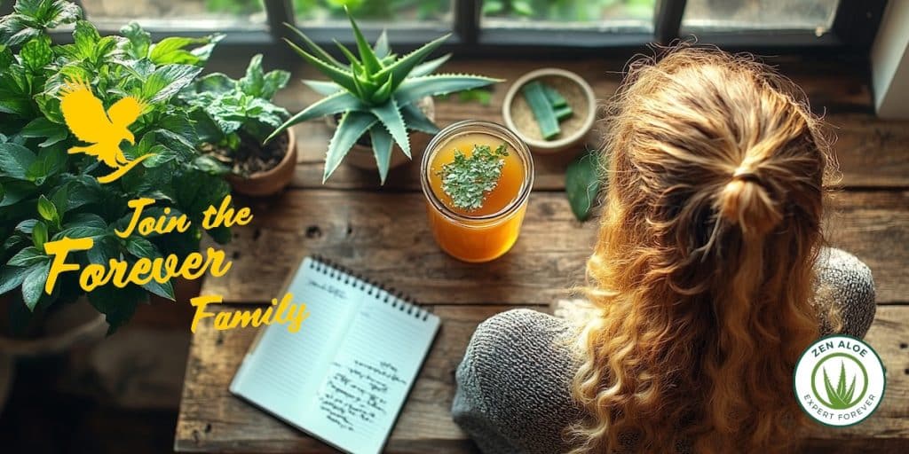 jeune femme vue du dessus a son bureau avec un verre de gel d'aloe vera a la peche et une plante d'aloe vera
