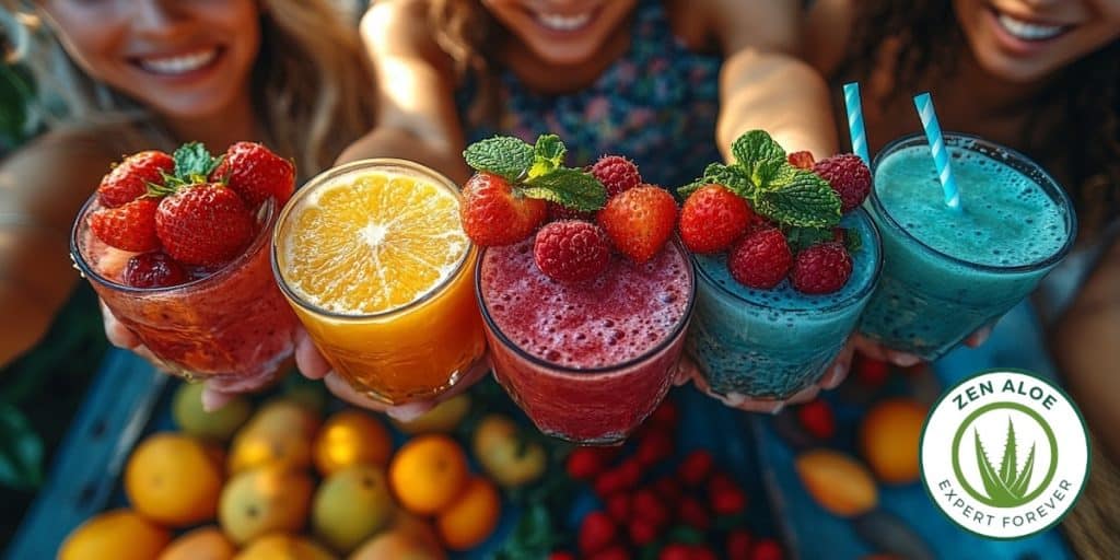 jeune femmes qui tendent leur verrs de smoothie colorés