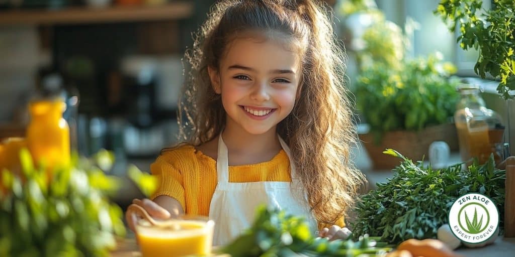 jeune fille souriante qui tend un verre de jus de fruit entouré de légumes antioxydants