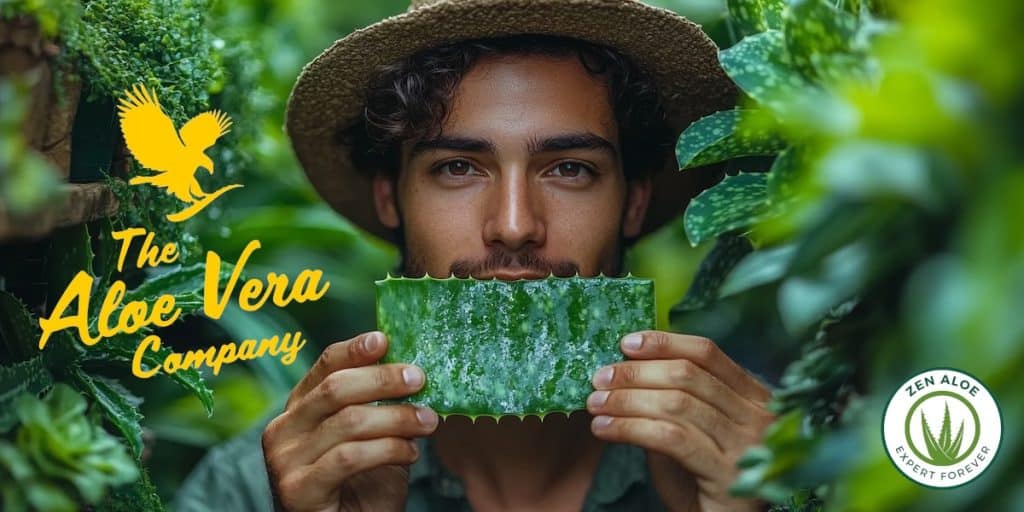 jeune homme avec un chapeau qui montre une tranche de feuille d'aloe vera