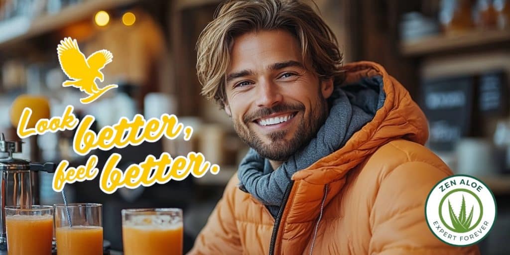 jeune homme qui boit du gel d'aloe vera a l'orange