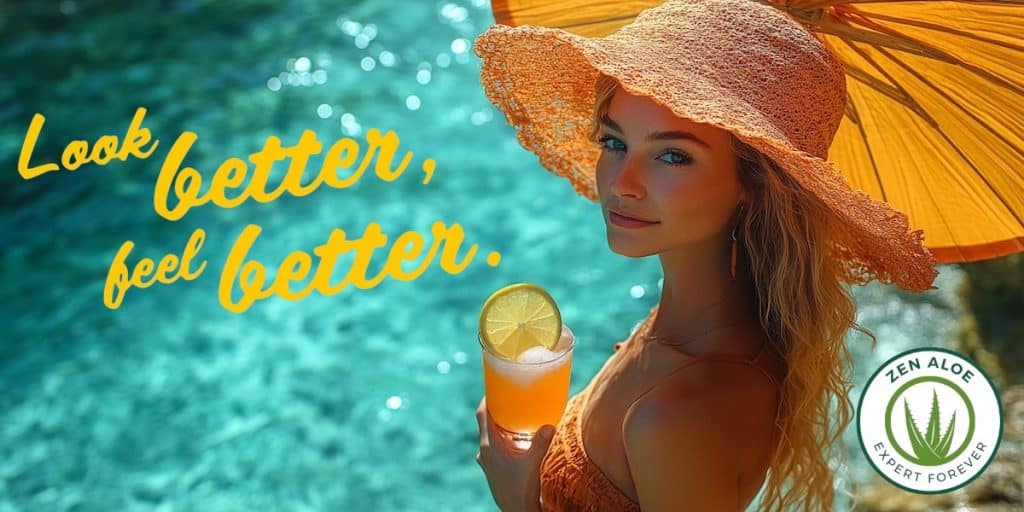 jolie jeune femme qui boit de l'aloe vera a la peche au bord de la piscine