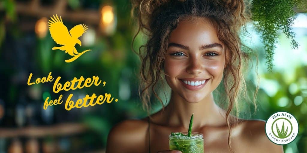 jolie jeune femme souriante qui bois un verre de gel d'aloe vera