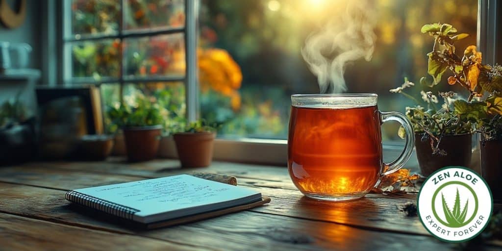 journal et tasse de tisane