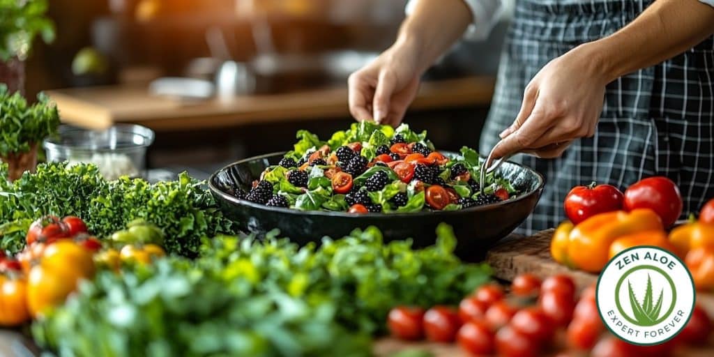 main qui mélangent une salade colorée