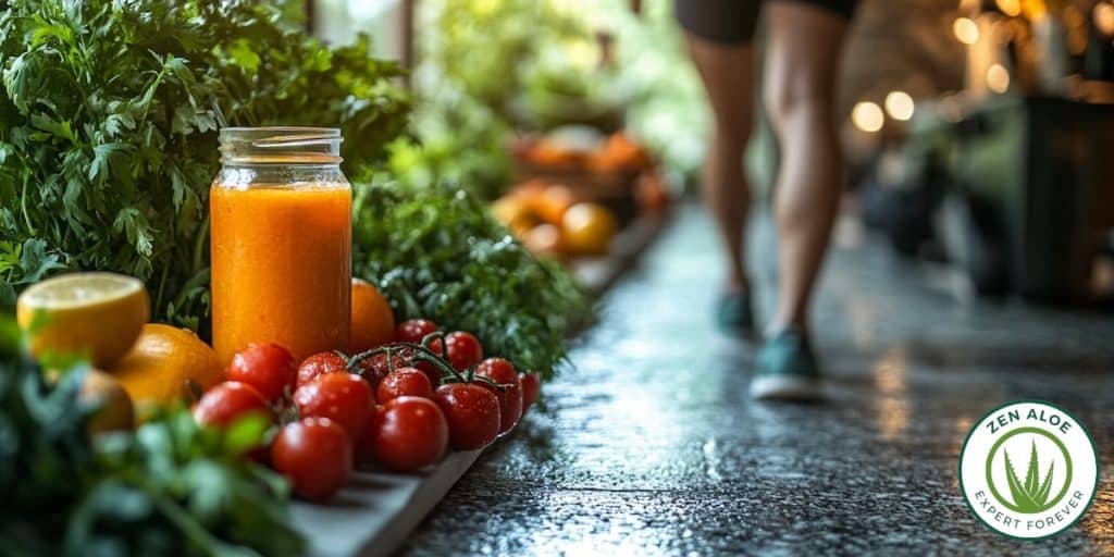 personne qui marche avec des fruit et legume en premier plan sur le bord d'un trottoire