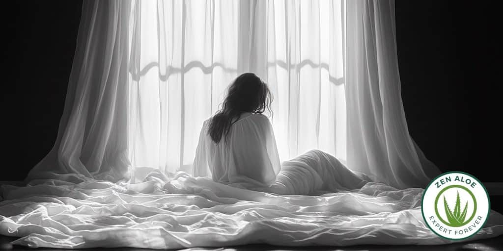 photo noir et blanc d'une jeune femme qui se réveille dans des drap blanc