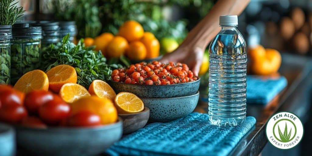 plan de travail cuisine assiete de legume et bouteille d'eau