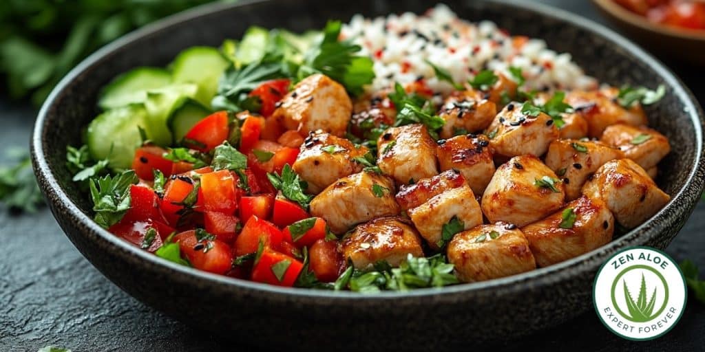 plat de poulet riz et légumes