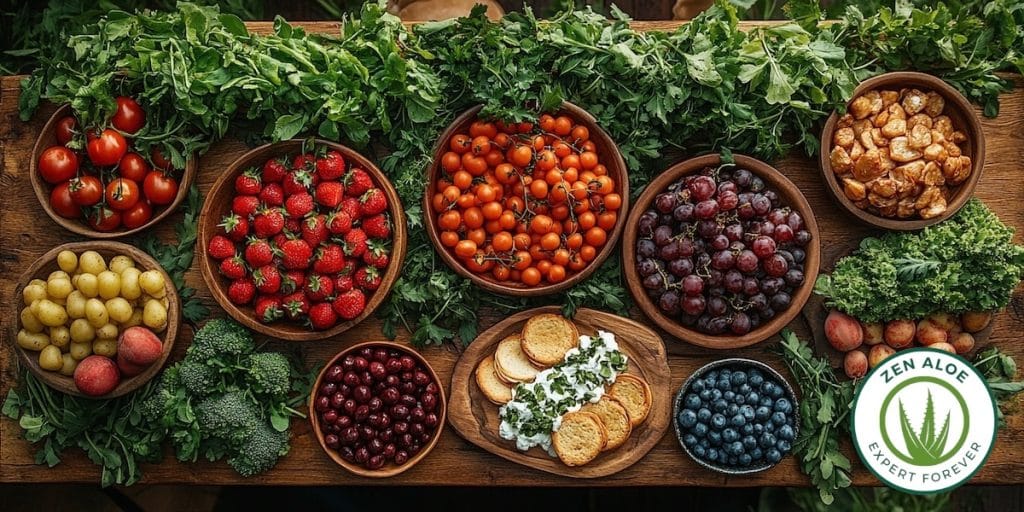 plusieurs saladiers en bois qui contiennent des fruits et légumes sains sur une table en bois