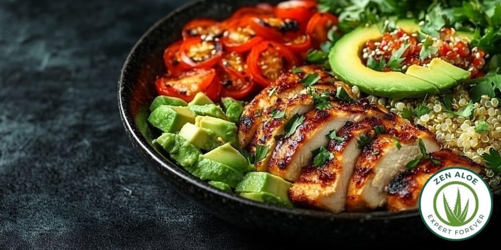 repas équilibré poulet avocat quino