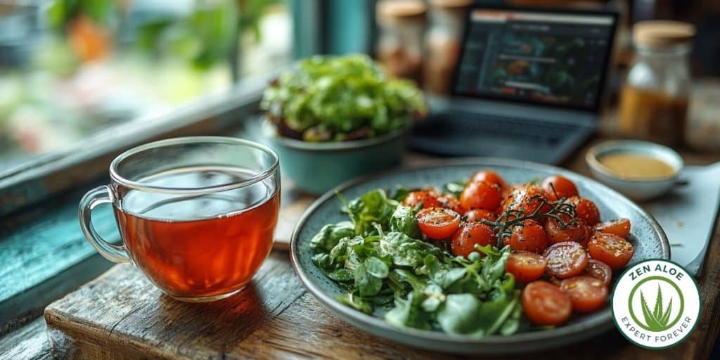 salade tomate tisane et ordi portable