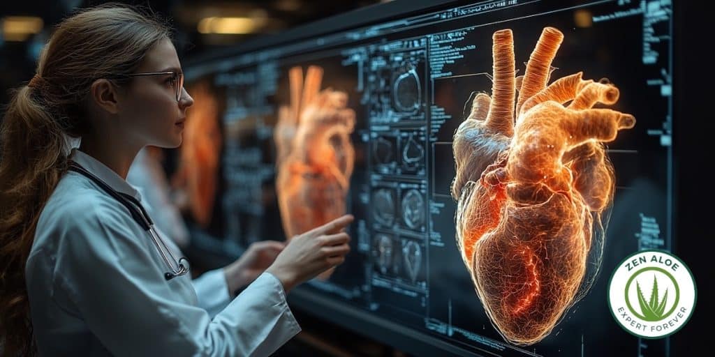 scientifique devant un coeur en 3D