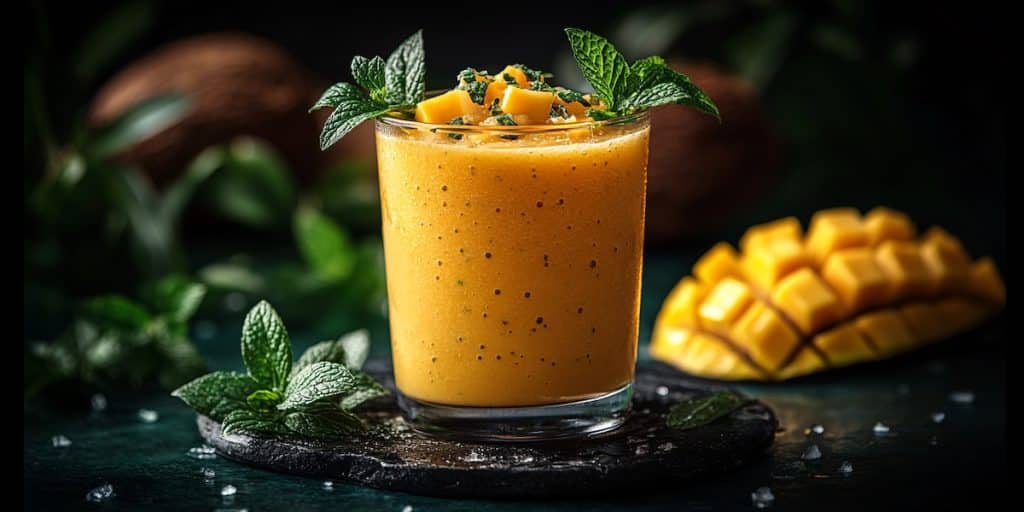 Un smoothie tropical vibrant à base de gel d’aloe vera, mangue et lait de coco, servi dans un verre transparent et garni de feuilles de menthe, ambiance tropicale et lumineuse, esthétique colorée