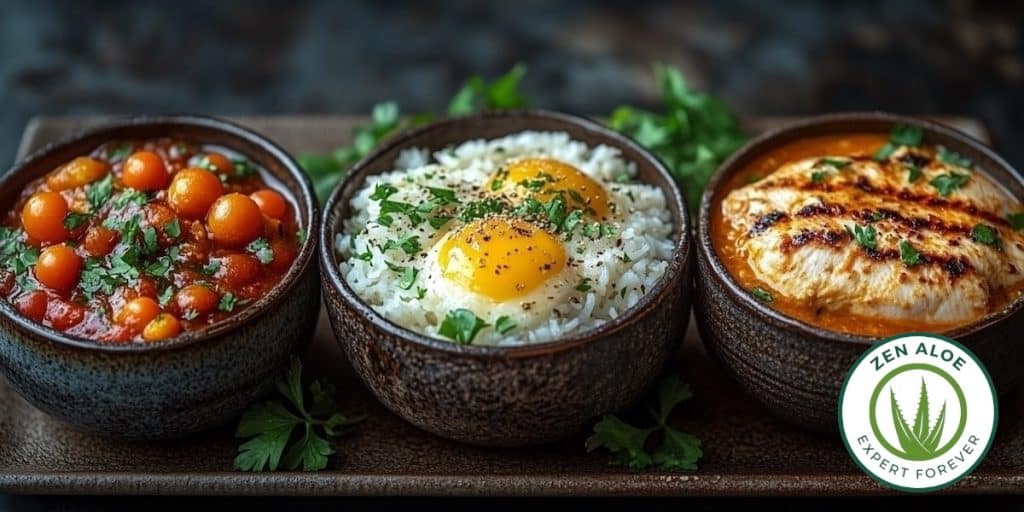 trois bols un avec pois chiche l'autre oeuf et le dernier poulet