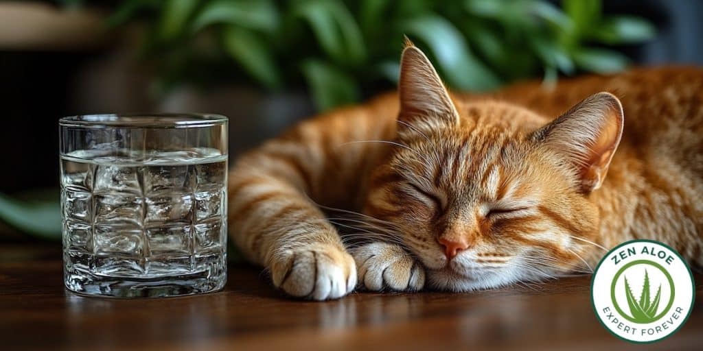 un chat qui dort pres d'un verre d'eau