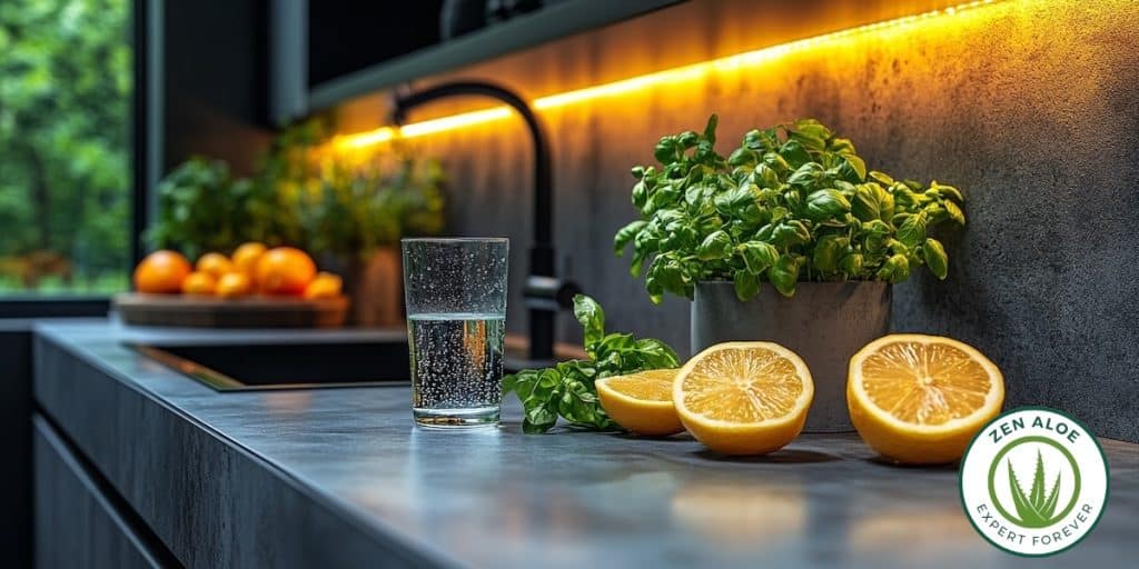 un verre d'eau et des citron dans une cuisine minimaliste