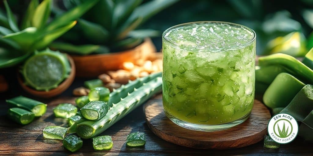 verre d'aloe vera avec des glacon et des morceau d'aloe