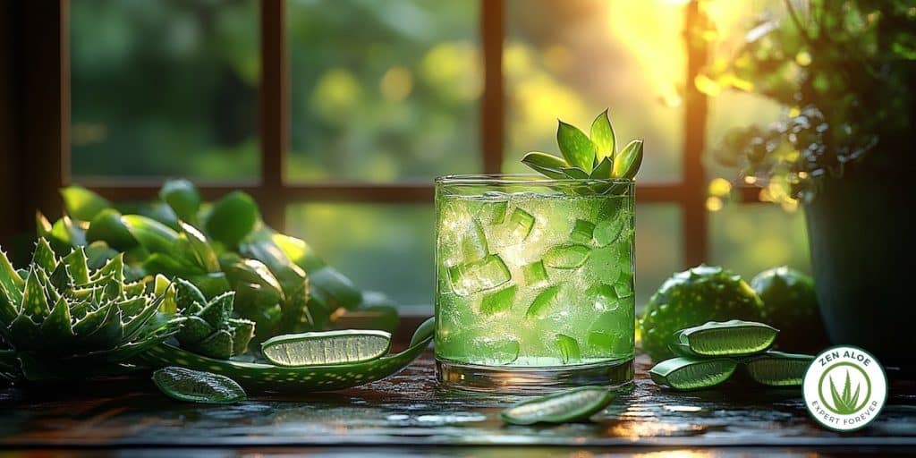 verre de gel d'aloe vera avec des glacon et des feuille d'aloe vera coupé dans la tranche