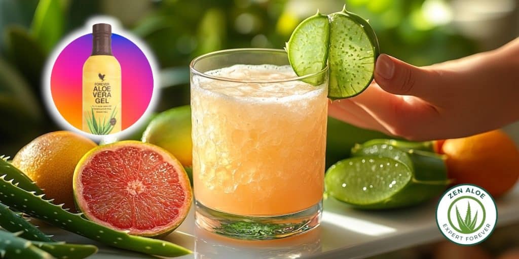 verre de gel d'aloe vera entouré de fruits