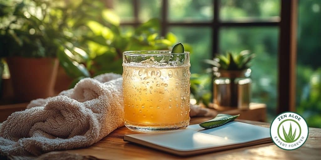 verre de gel d'aloe vera sur un bureau en bois