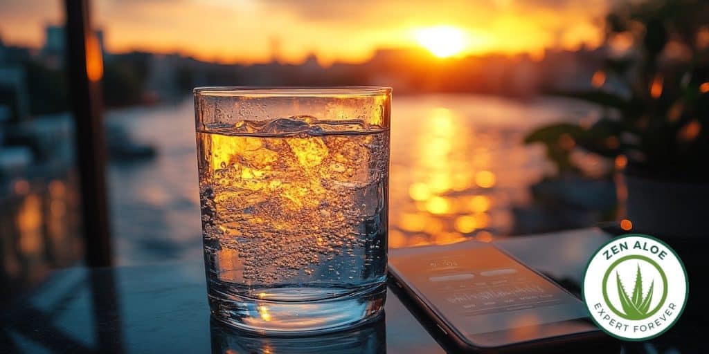 verre d'eau coucher de soleil et smartphone app forever fit