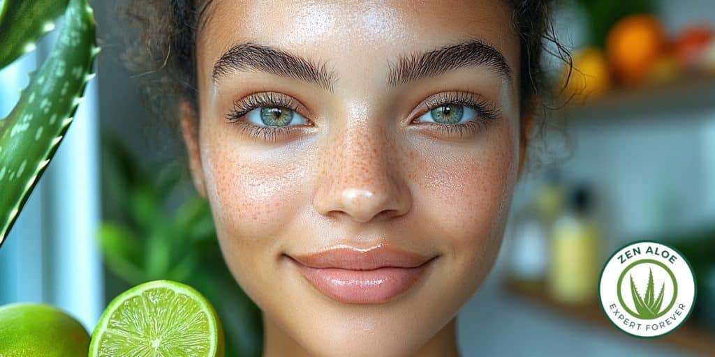 visage d'une jeune femme avec une belle peau citron et aloe vera