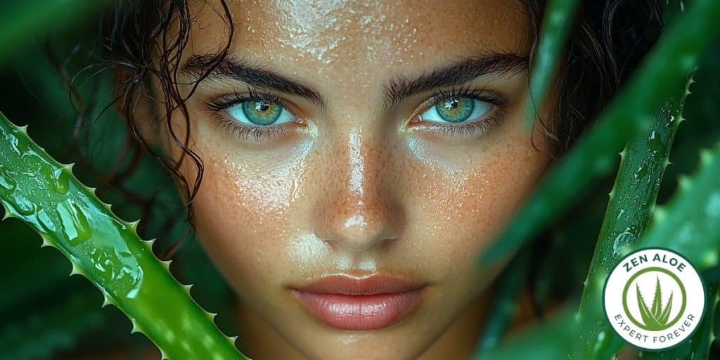 visage de jeune femme et feuille d'aloe vera