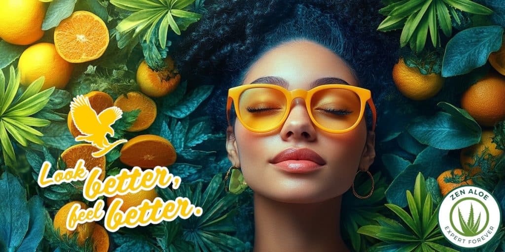 visage d'une femme allongé dans un mélange d'orange et de feuille