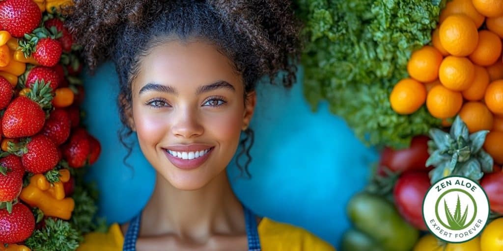 visage d'une jeune femme sur fond bleu entouré de fruits et légumes